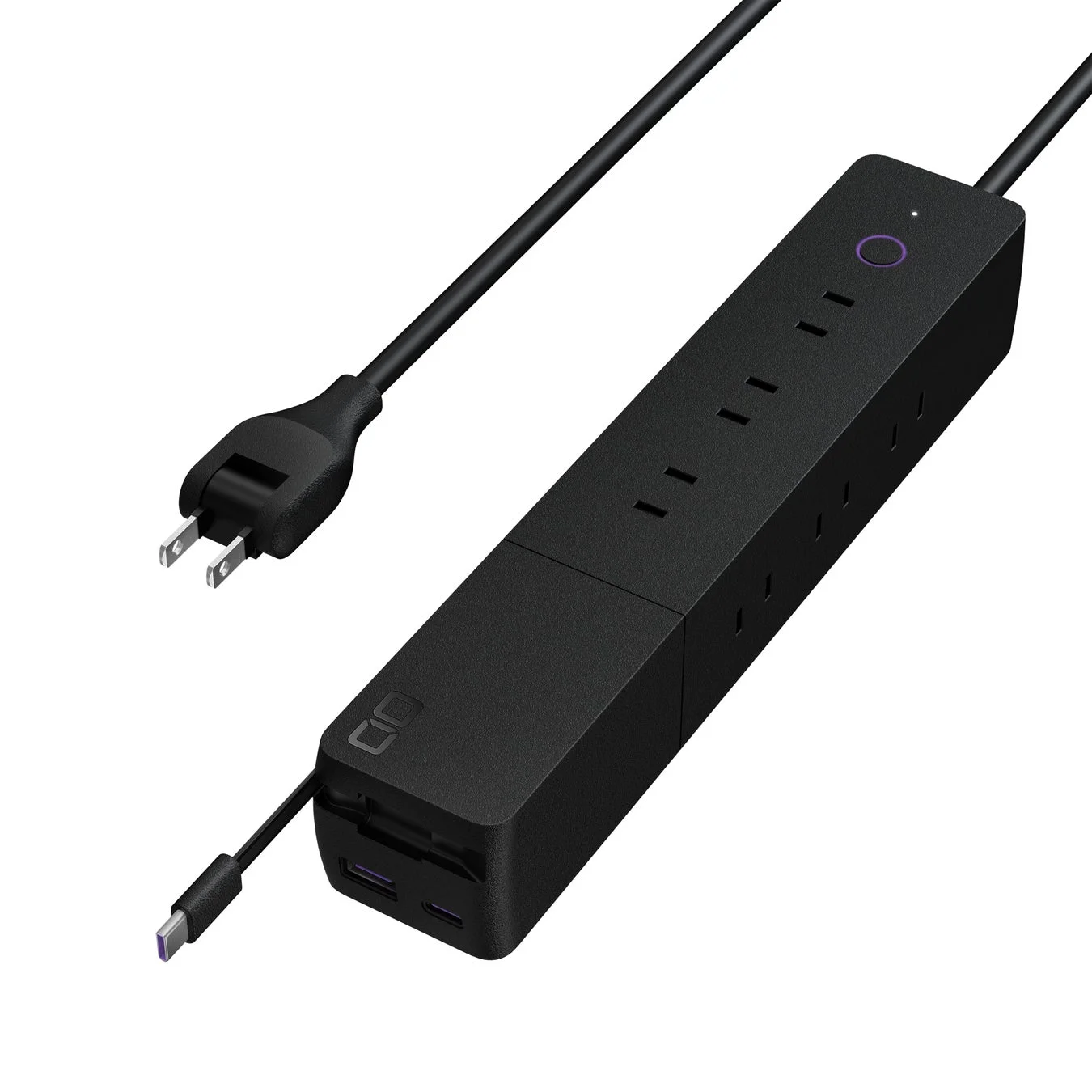 白い背景に、複数のACコンセントとUSBポートを備えた黒い電源タップが写っています。USB-Cケーブルも内蔵されており、様々な電子機器の充電や給電に便利なモダンなデザインの製品です。