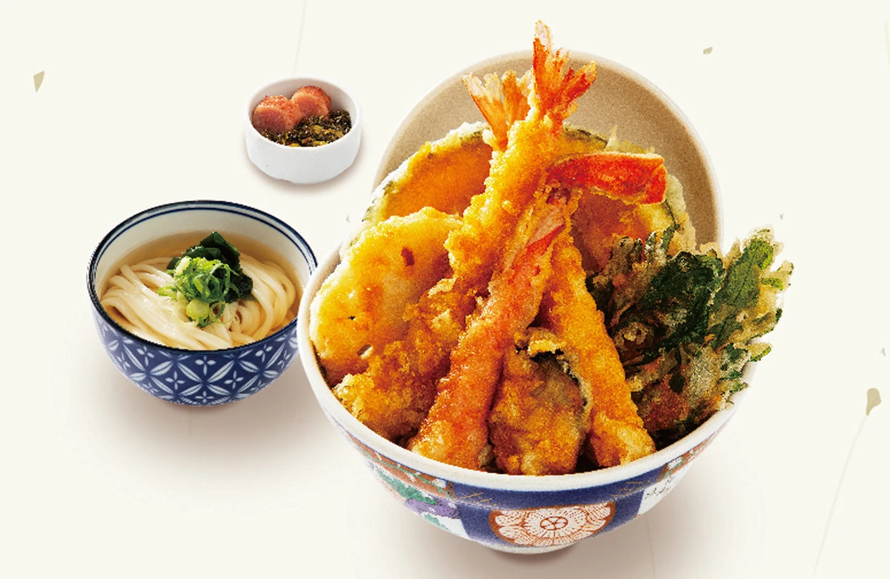 りんくうプレミアムアウトレット店の紅ずわい蟹と瀬戸内産牡蠣の海の幸 天丼 ミニ麺セット