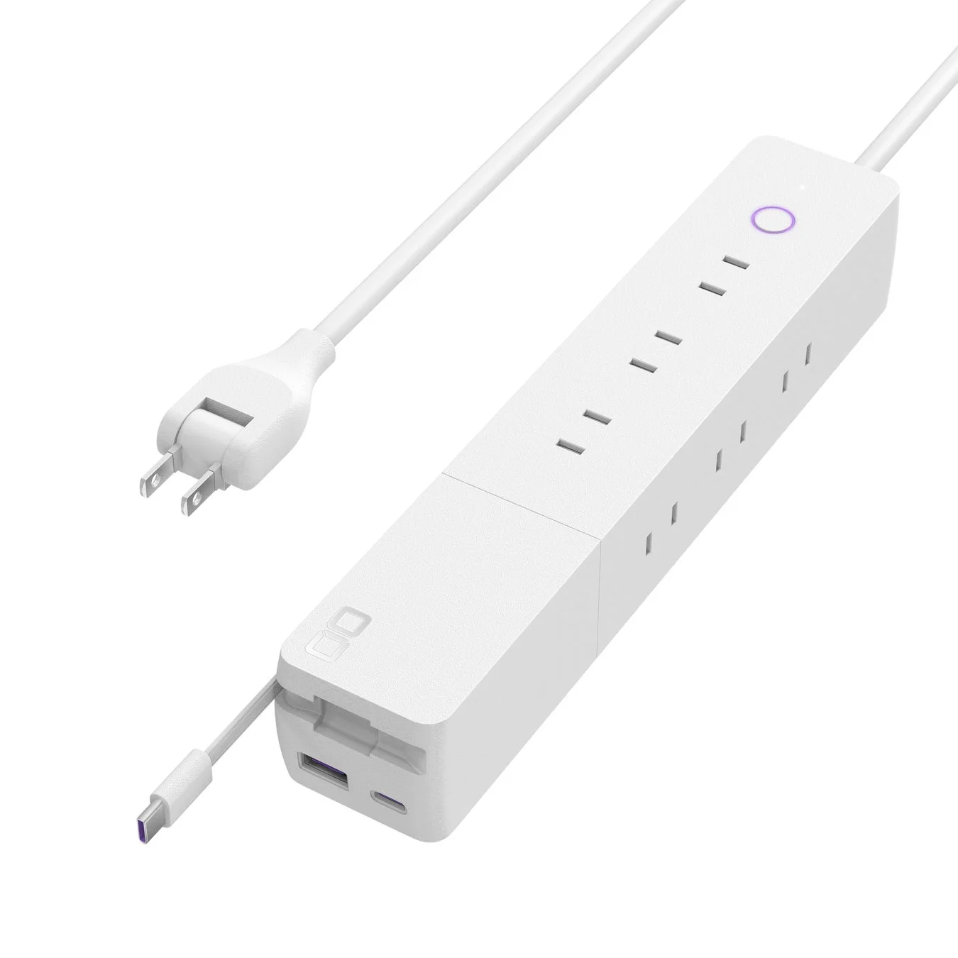 白い電源タップの俯瞰画像で、複数のACコンセント、USB-A/Cポート、および内蔵USB-Cケーブルが確認できます。様々な電子機器の充電・給電に便利なデザインです。