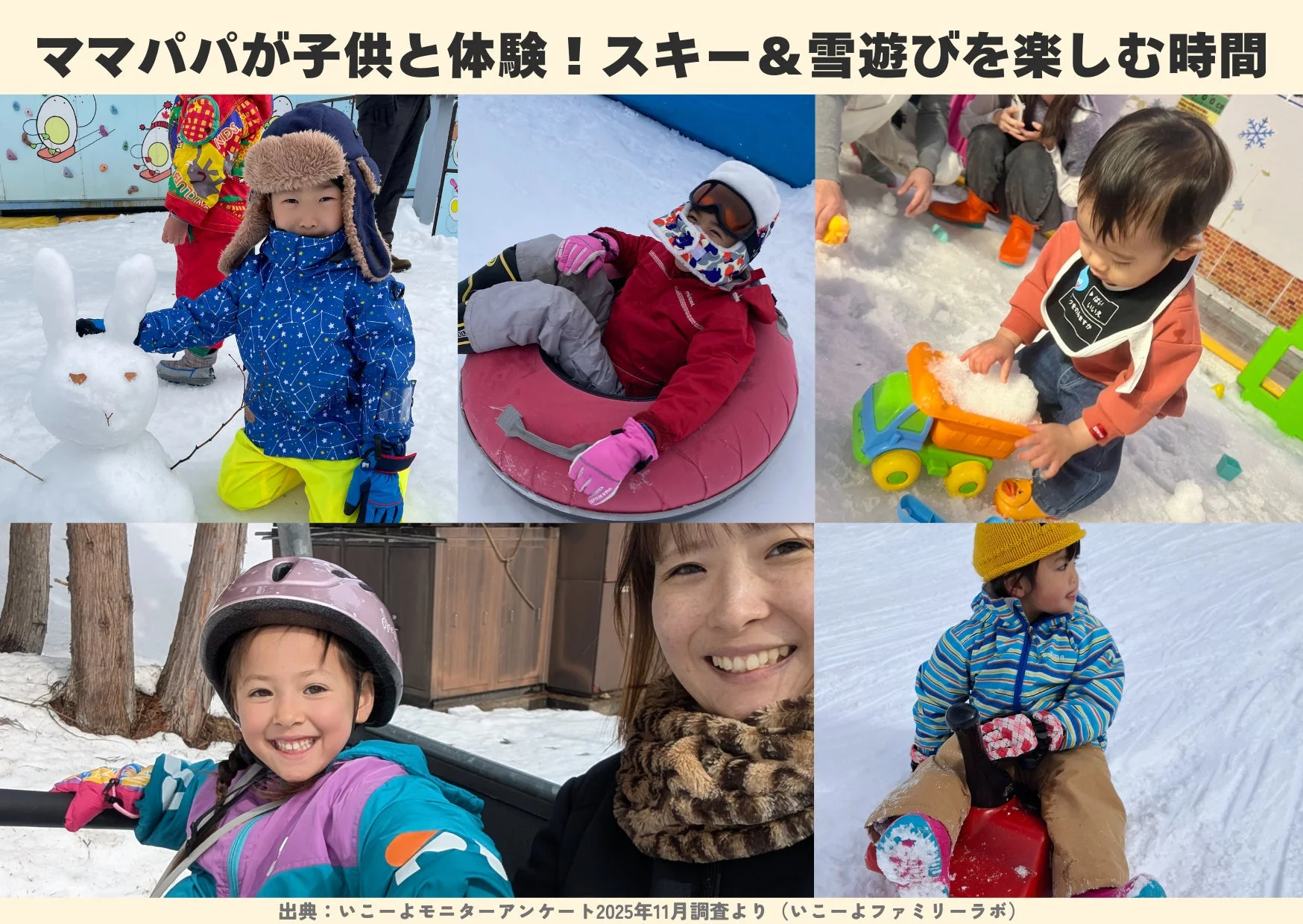 家族が冬の雪山でスキーや雪遊びを楽しむ様子