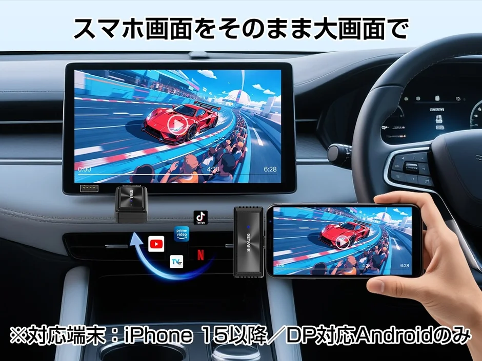 車内でスマートフォン画面をそのまま大画面ディスプレイにミラーリングできるデバイス
