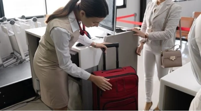 空港のチェックインカウンターでスーツケースを扱うスタッフ