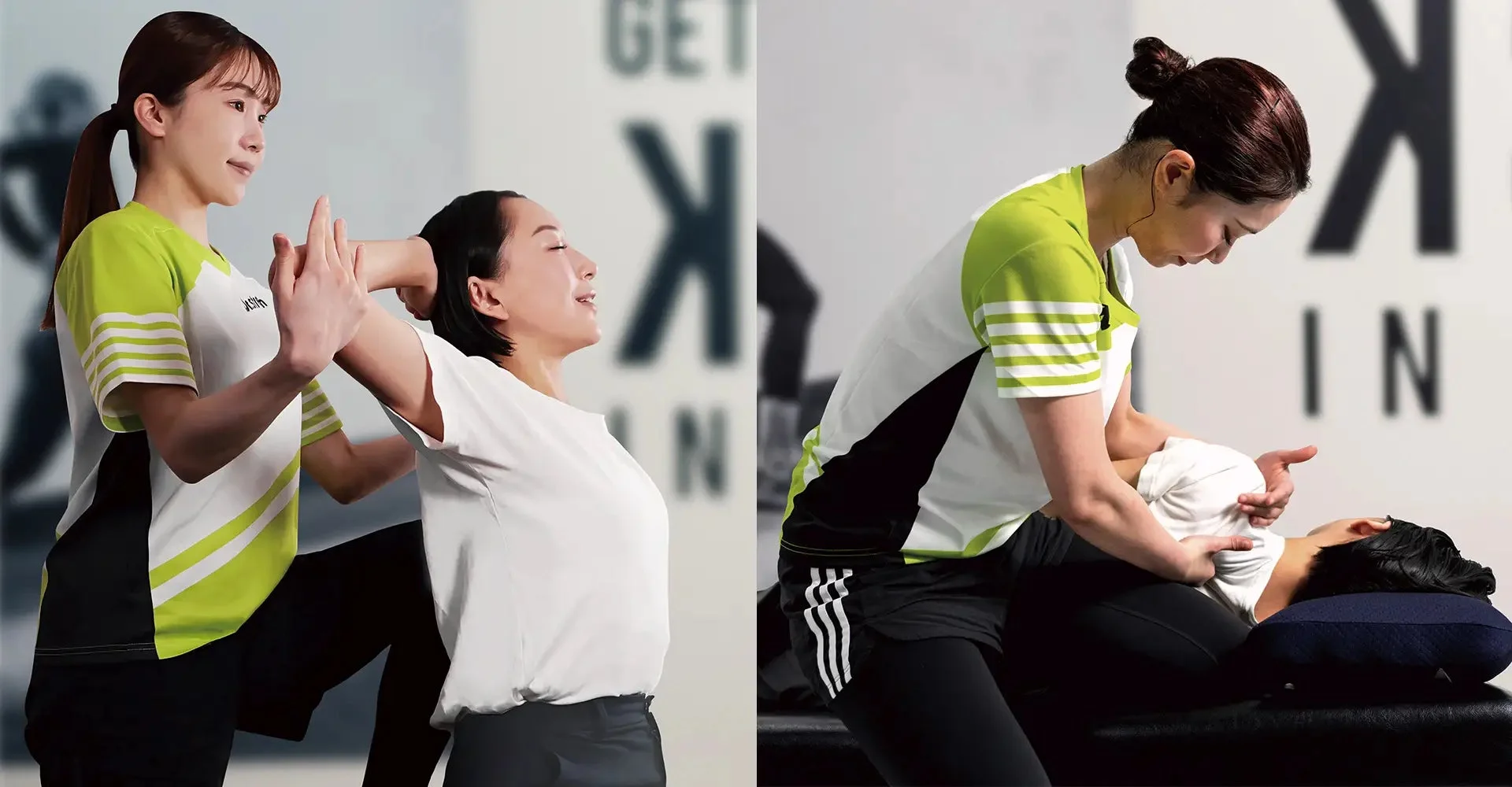 フィットネスジムで、パーソナルトレーナーがクライアントのストレッチや身体の調整をサポートしている様子