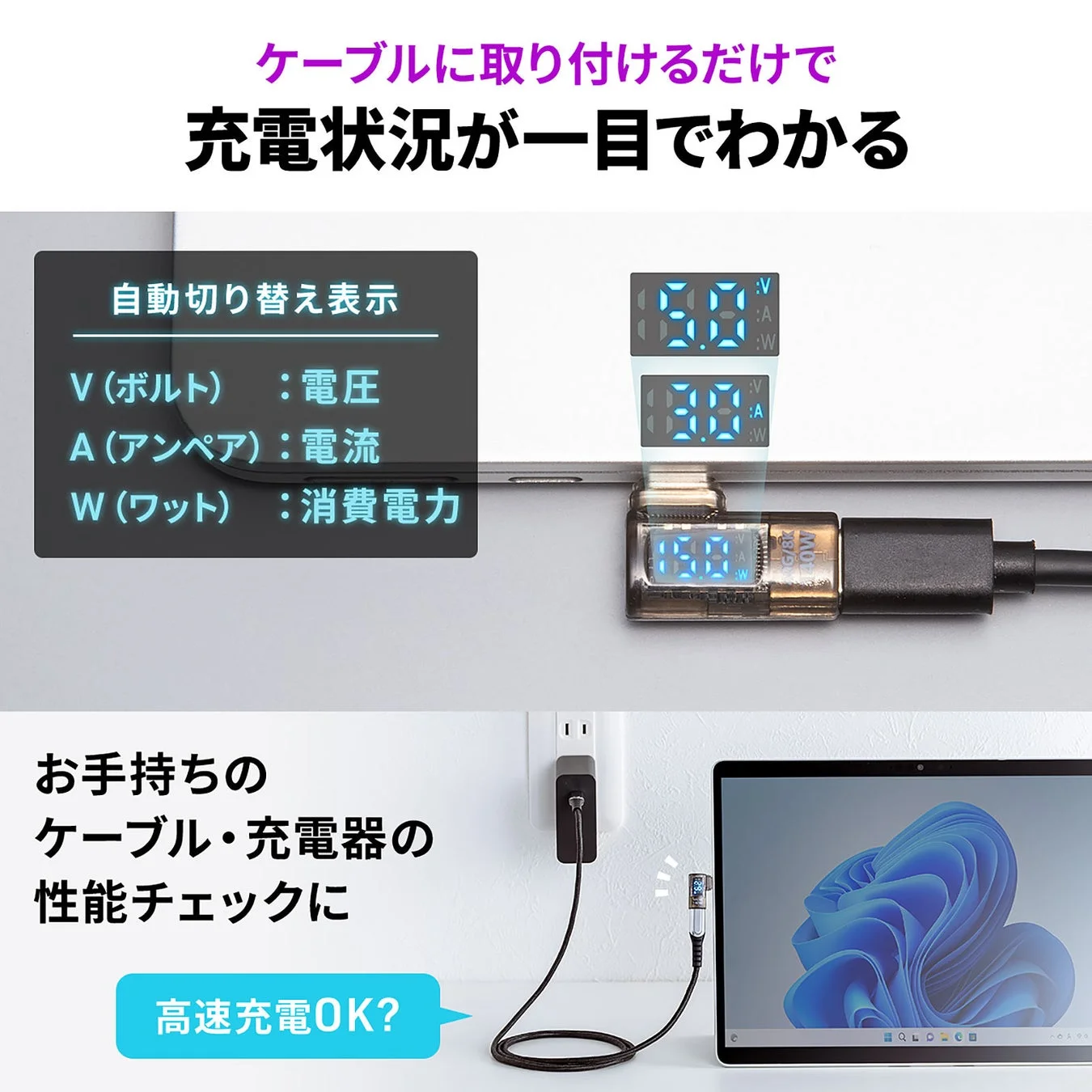 充電中の電圧、電流、消費電力を表示するデバイス