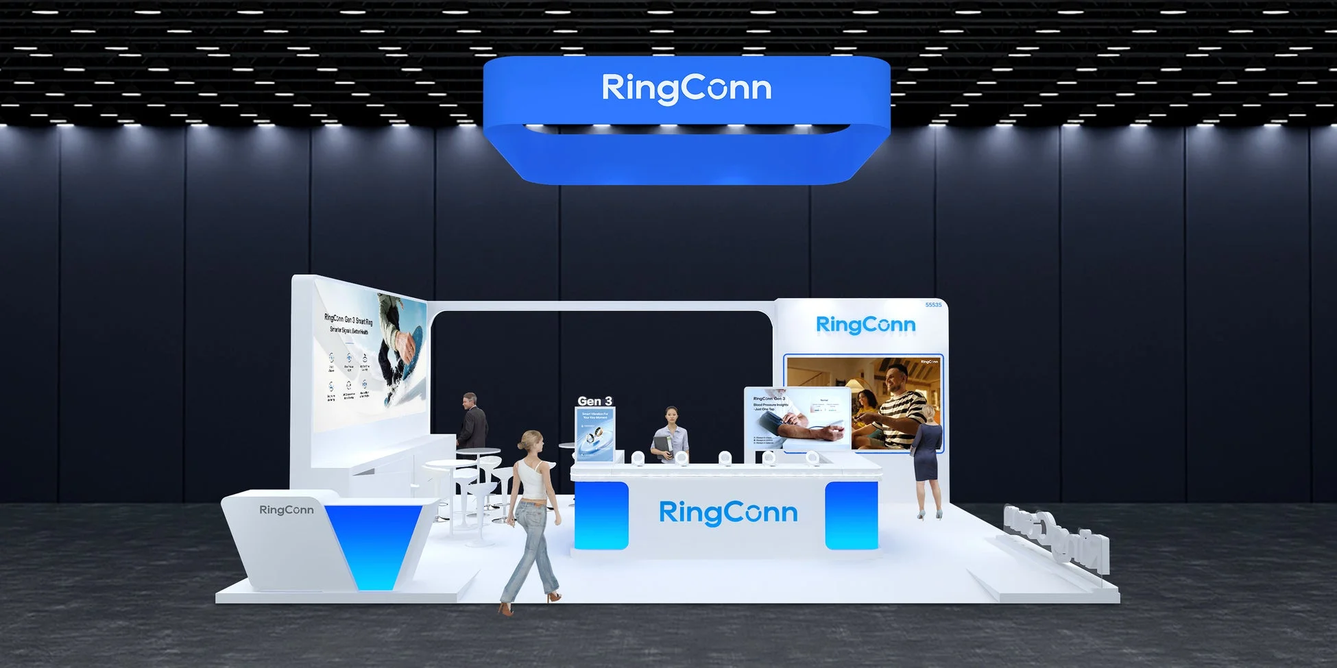 RingConnの展示ブースが写っており、スマートリング「Gen 3」の機能が紹介されています。