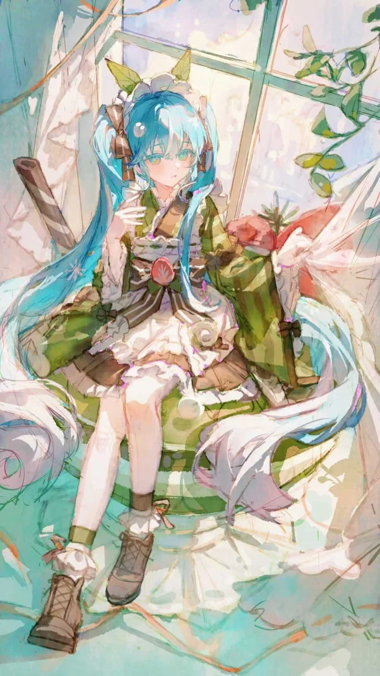 窓辺の雪ミクのイラスト