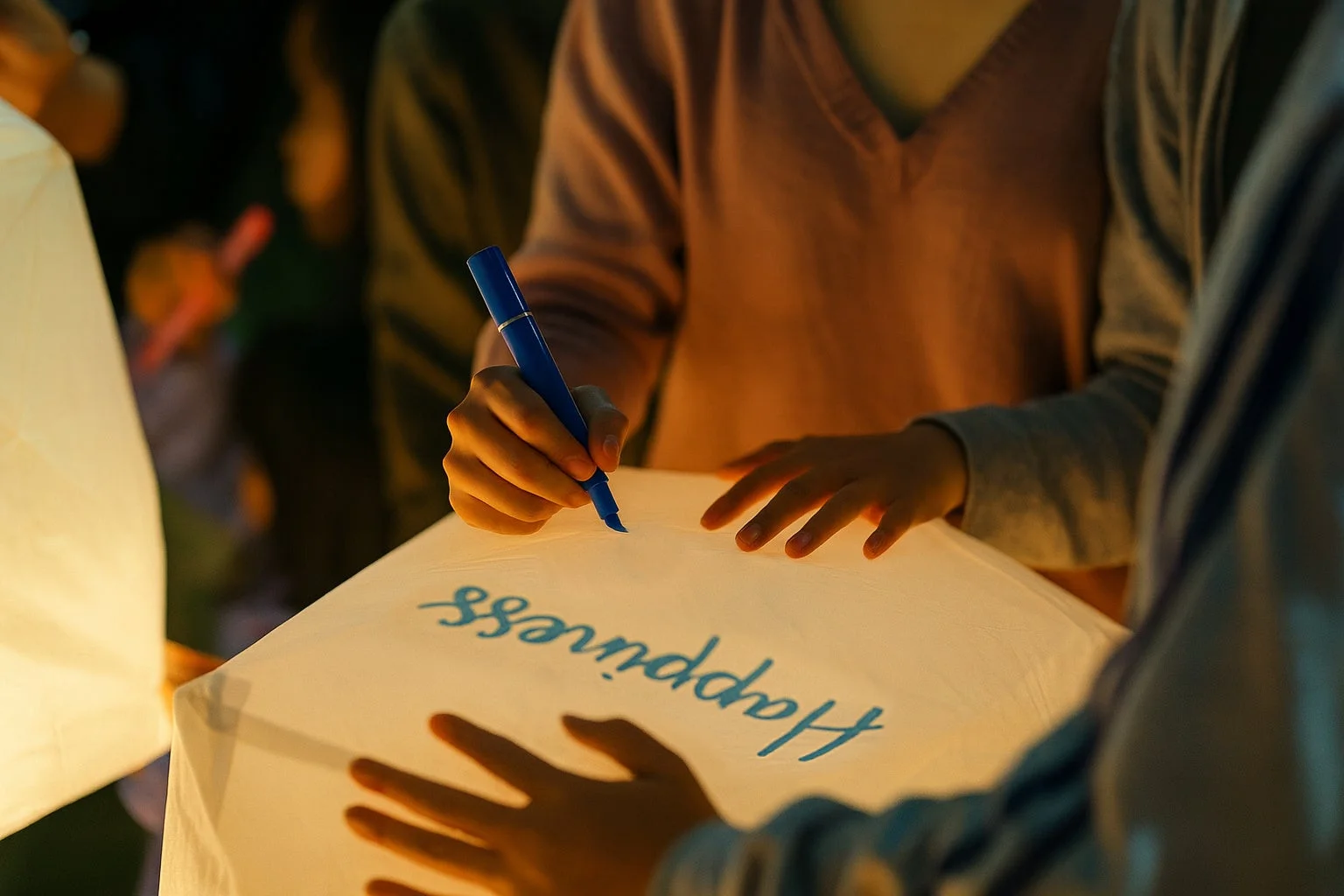 ランタンにメッセージを書く様子