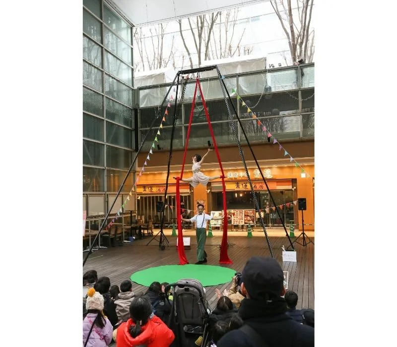 エアリアルシルクで空中を舞うパフォーマー