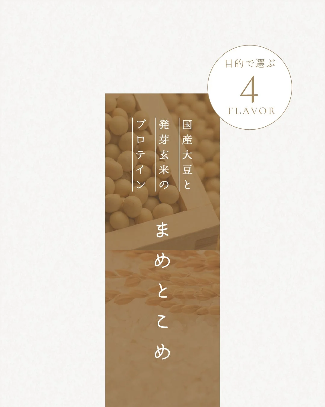 国産大豆と発芽玄米を主成分とする健康食品の広告画像です。プロテインを含み、目的別に選べる4つのフレーバーがあることを示唆しています。大豆と米の素材感が強調されています。