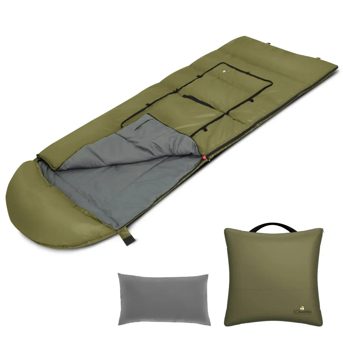 オリーブグリーンの寝袋と枕