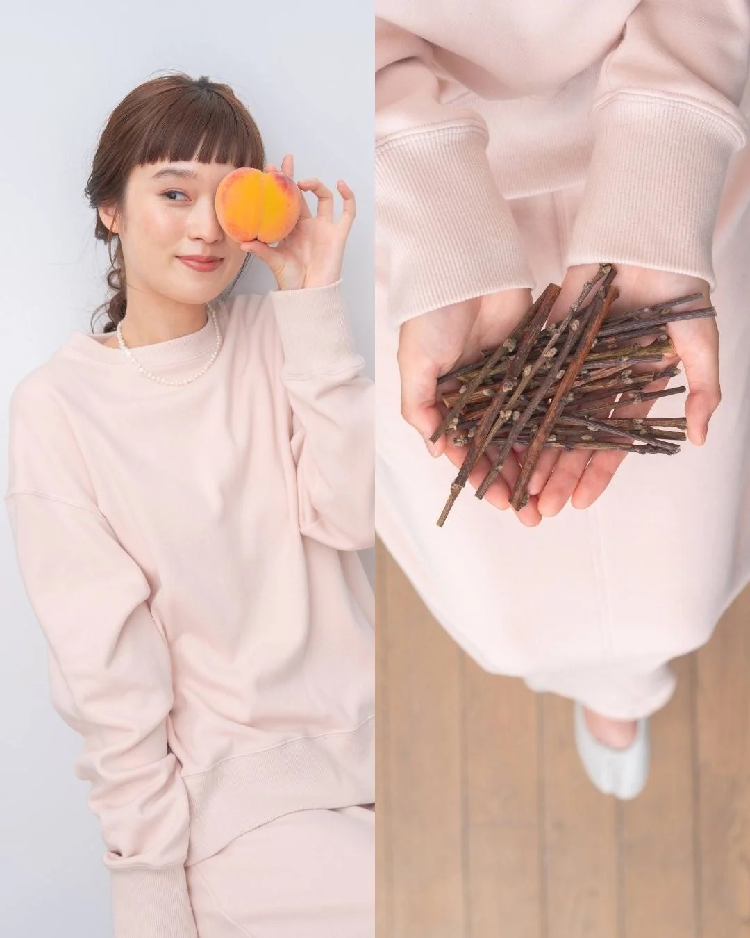 ももの剪定枝で染めたスウェットとスカートの女性