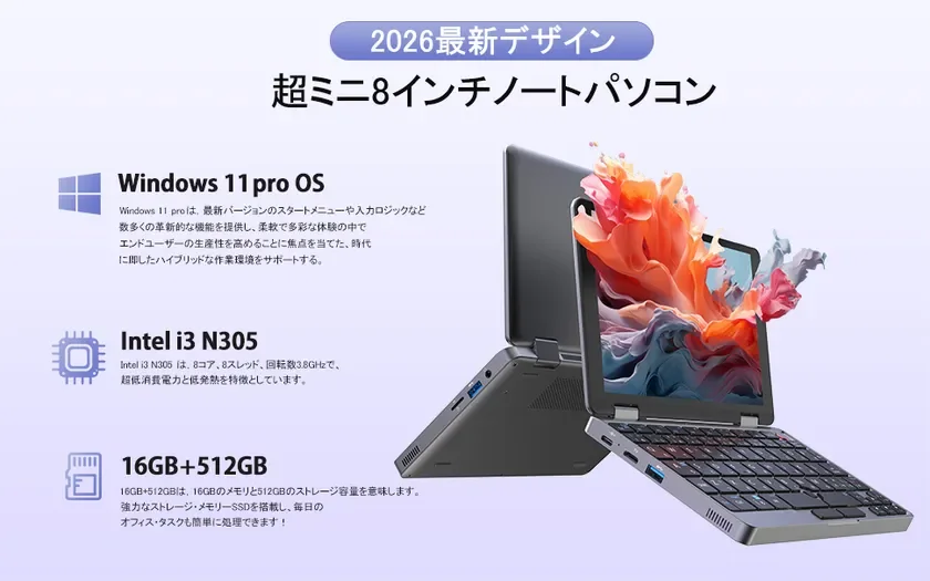 2026年最新デザインの超ミニ8インチノートパソコンを紹介する画像。Windows 11 Pro OS、Intel i3 N305プロセッサ、16GBメモリと512GBストレージを搭載した高性能モデルであることが説明されています。