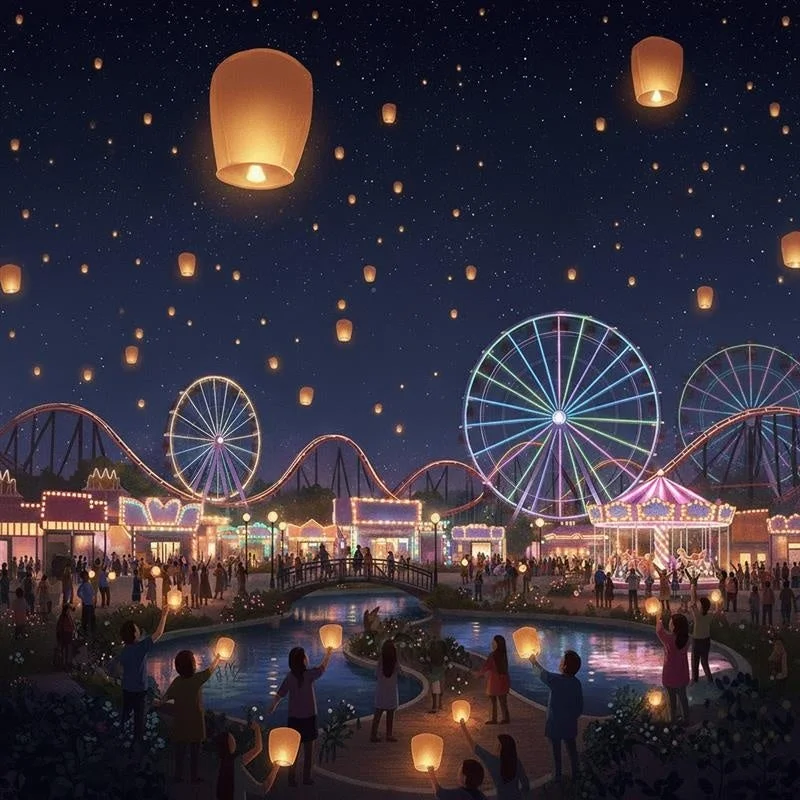 夜の遊園地とランタンの風景