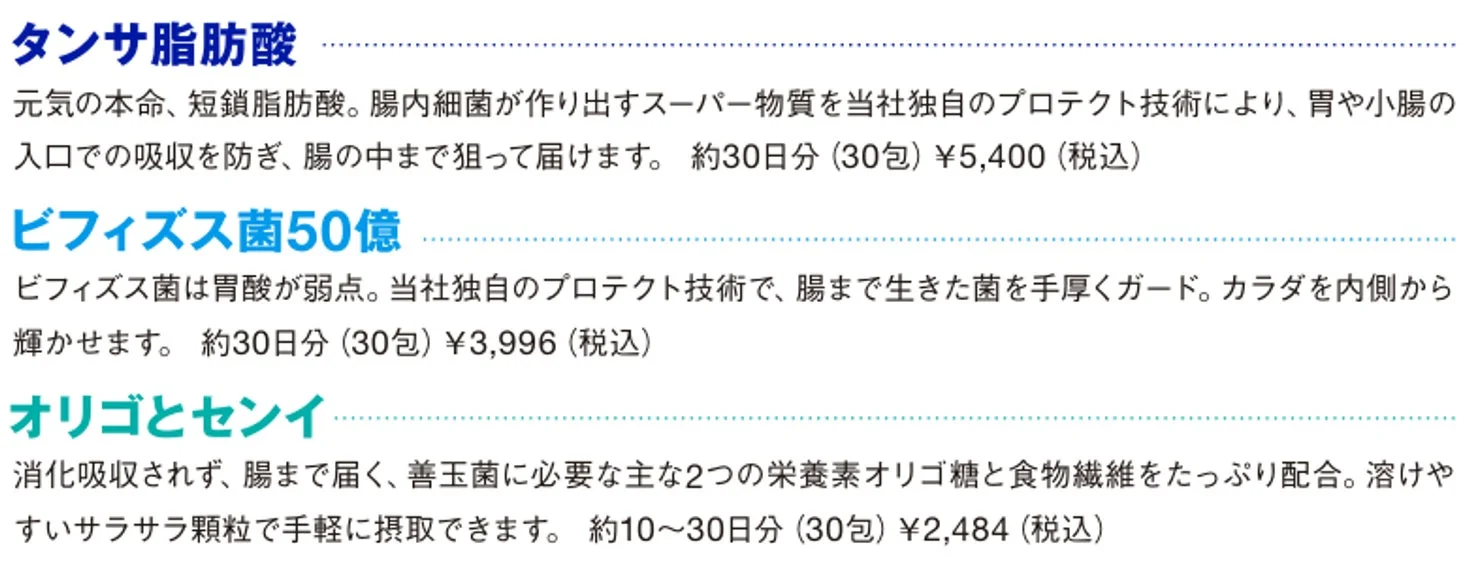 タンサ脂肪酸、ビフィズス菌50億、オリゴとセンイ
