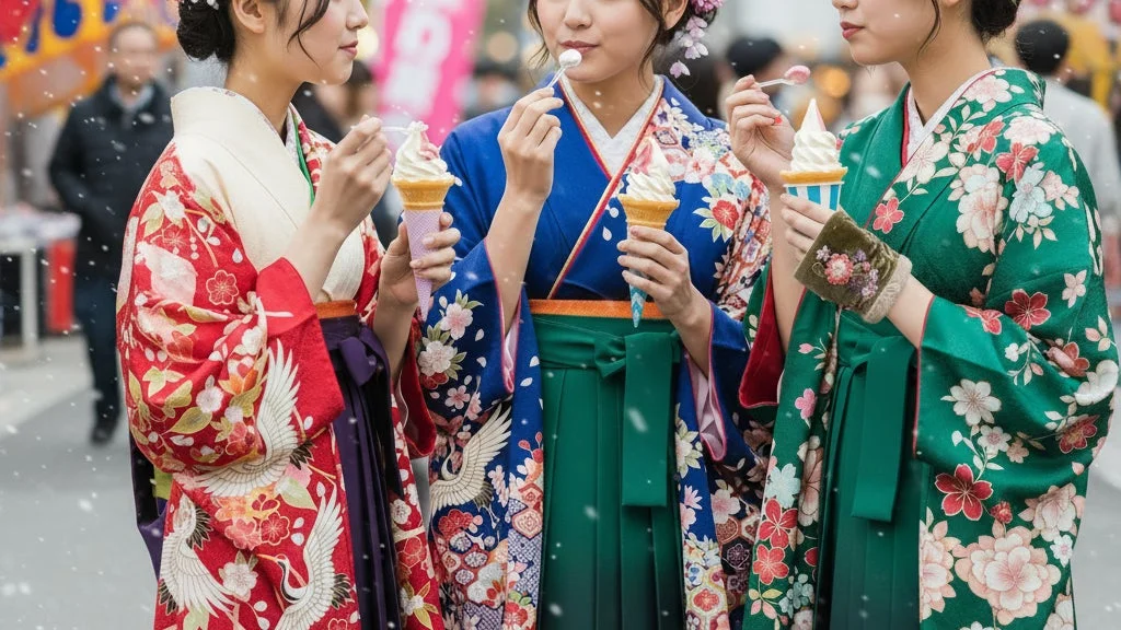 色鮮やかな着物と袴を着た3人の女性が、屋外でソフトクリームを楽しんでいる様子