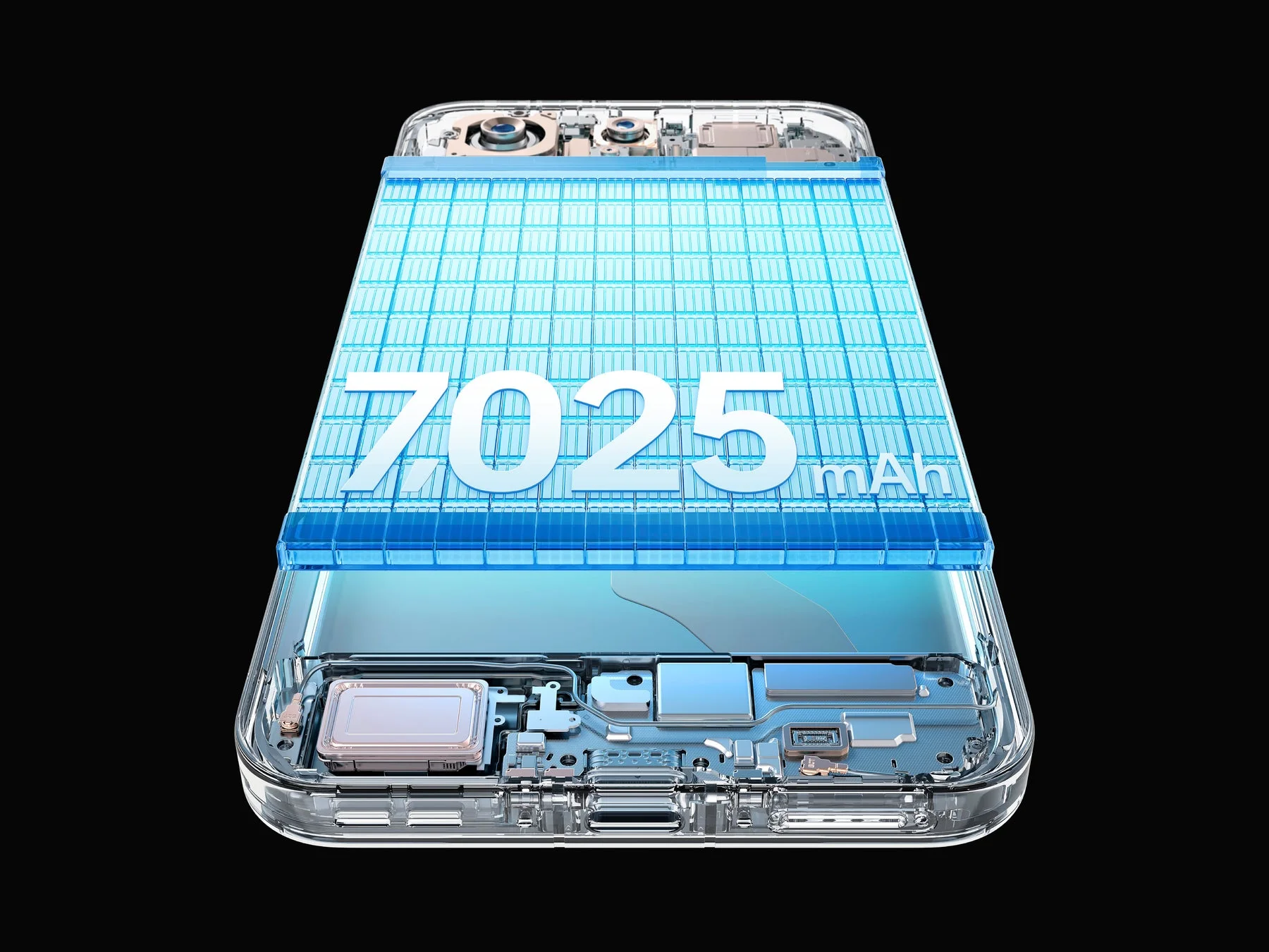 透明なスマートフォン内部に、7025mAhの大容量バッテリーが搭載されていることを示すグラフィック。内部構造とバッテリー容量を強調した技術的なイラストです。