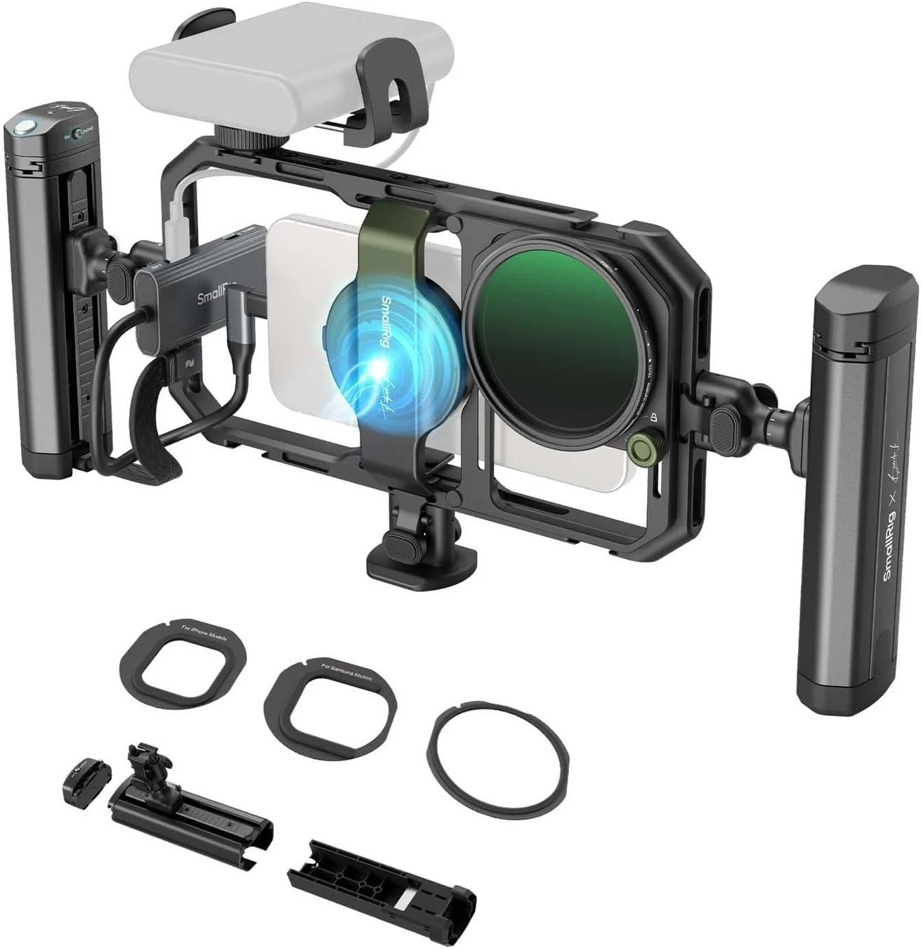 SmallRig製のスマートフォン用撮影リグキット。ケージ、LEDライト付きサイドハンドル、レンズフィルター、多様なスマートフォン用アダプターが含まれ、Vlogやプロフェッショナルなモバイル撮影をサポートします。