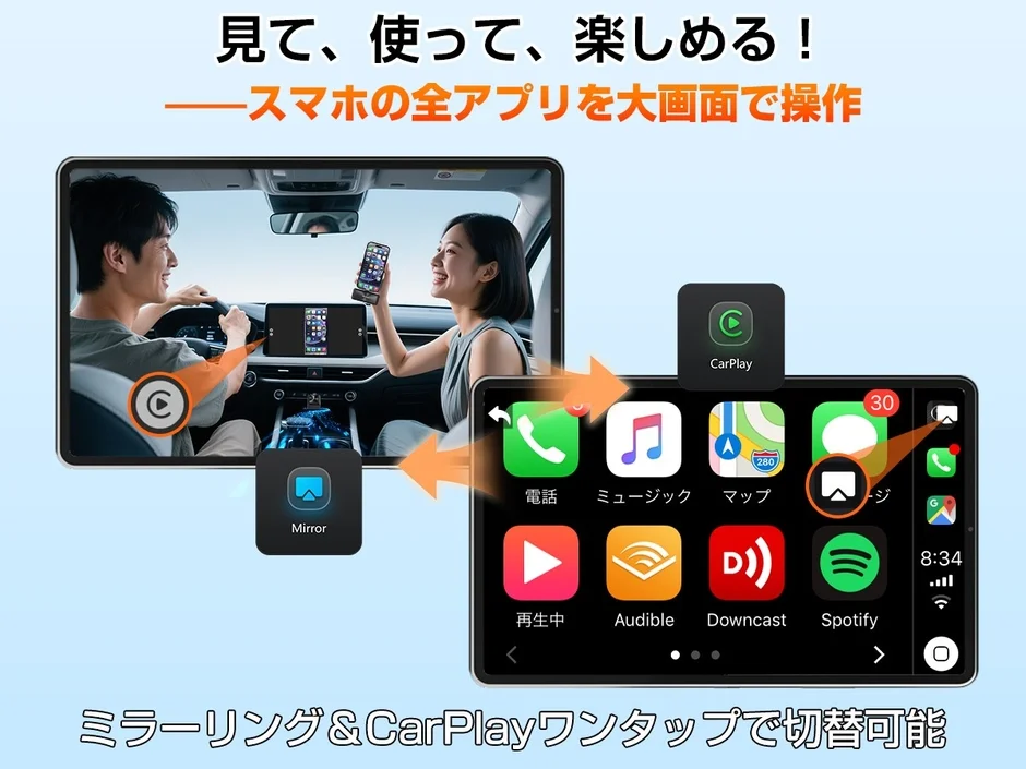 車載ディスプレイでスマートフォンの全アプリを大画面で操作できる様子