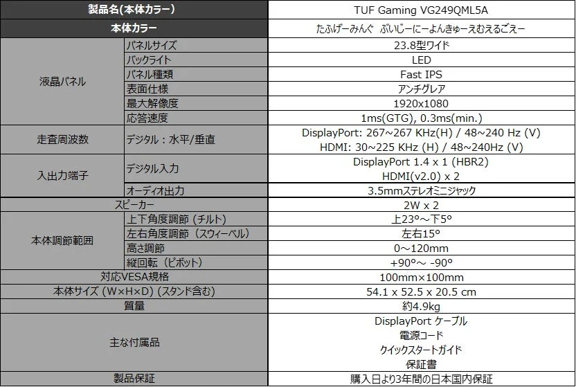 TUF Gaming VG249QML5A」ゲーミングモニターの製品仕様表