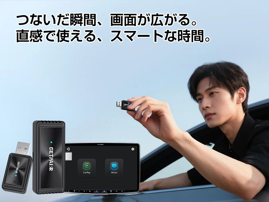 車内でUSBアダプターを手に持つ男性と、CarPlay/MirrorLinkの表示があるカーナビ画面