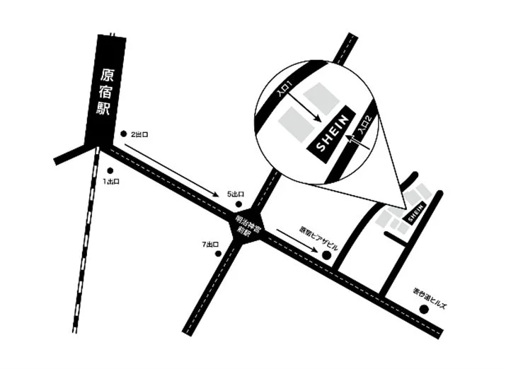 原宿駅と明治神宮前駅からSHEIN店舗への道順を示す地図
