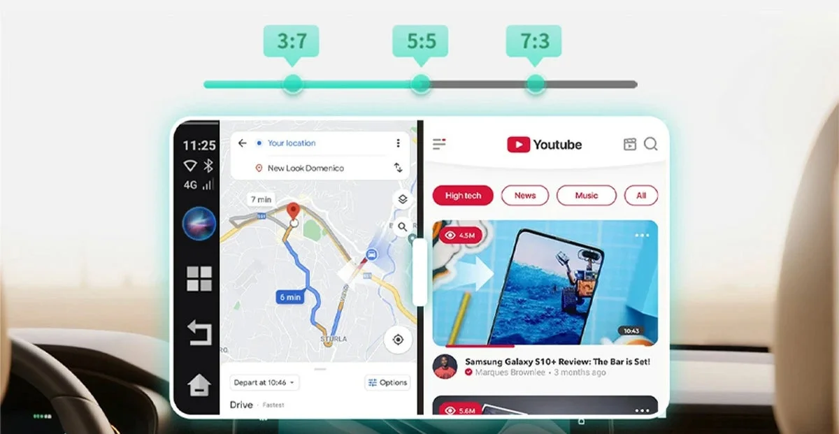 車載インフォテインメント,分割画面,カーナビ,Googleマップ,YouTube,マルチタスク,車内エンターテイメント,テクノロジー,ユーザーインターフェース,画面比率,モバイルアプリ,運転支援