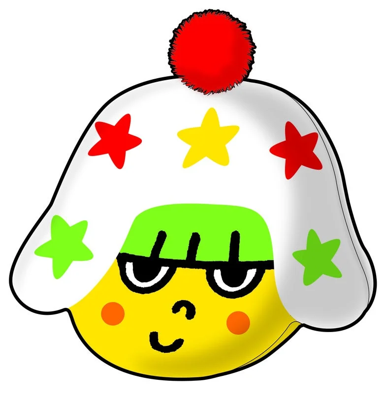 赤いポンポンと星柄の帽子をかぶったキャラクター