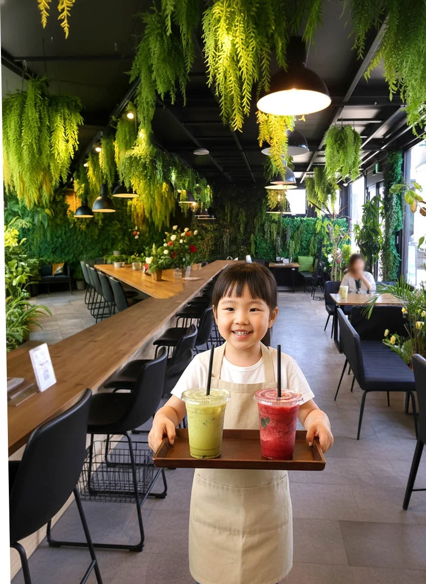 エプロンを着用しドリンクを運ぶ子ども