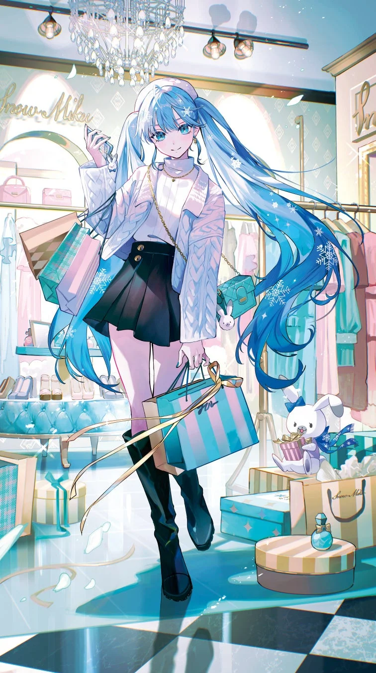 ショッピングを楽しむ雪ミクのイラスト