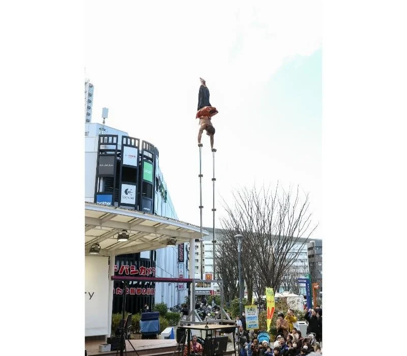 高い棒の上で逆立ちをするパフォーマー