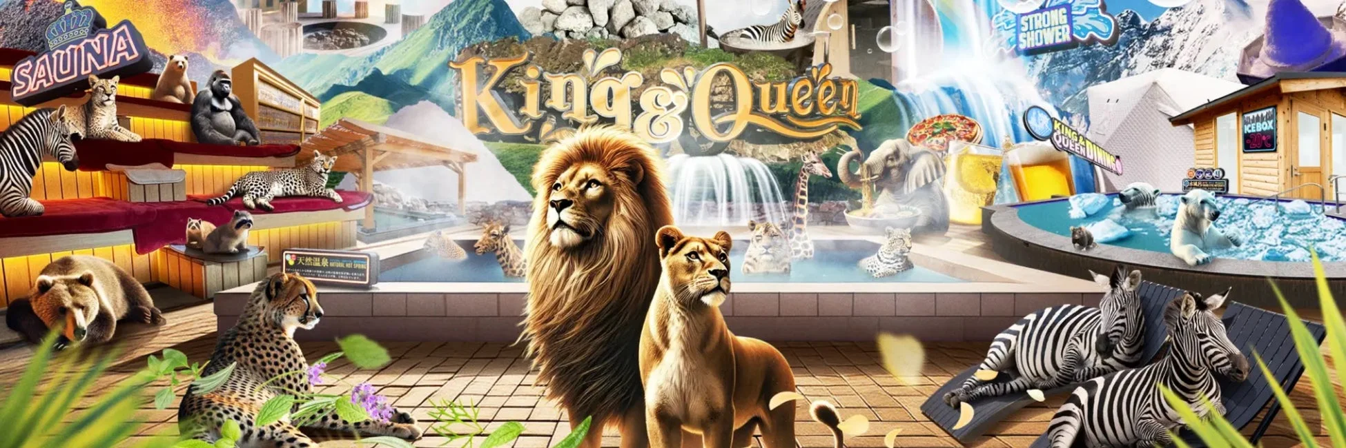 野生動物たちが温泉、サウナ、アイスボックスなどのスパ施設やプールでくつろぐ様子