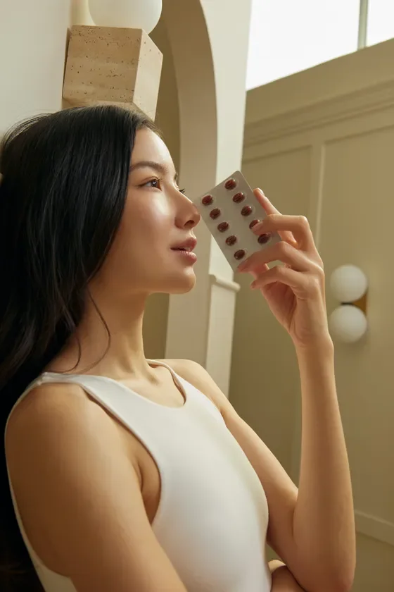 女性がサプリメントを持つ画像