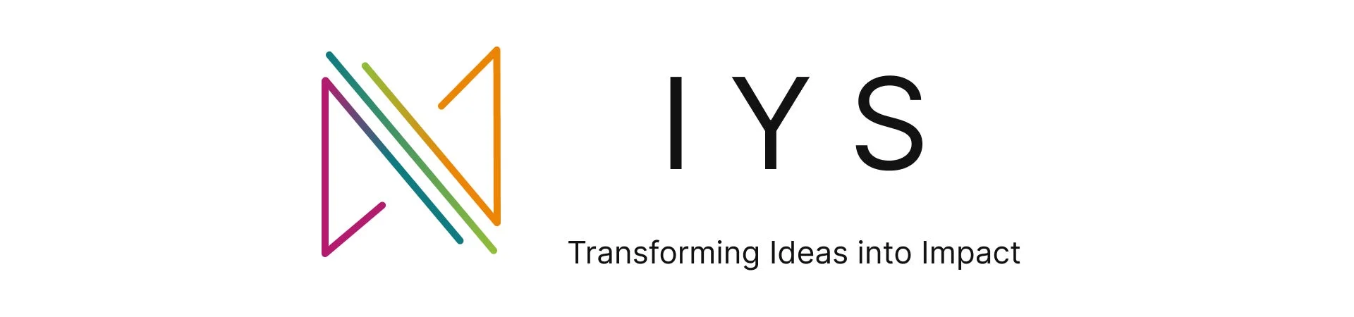 白地に「IYS」という文字と、カラフルな抽象的な線で構成されたロゴマークが配置されています。下部には「Transforming Ideas into Impact」というスローガンが書かれており、アイデアを具体的な成果へと変革するという企業のメッセージを表しています。
