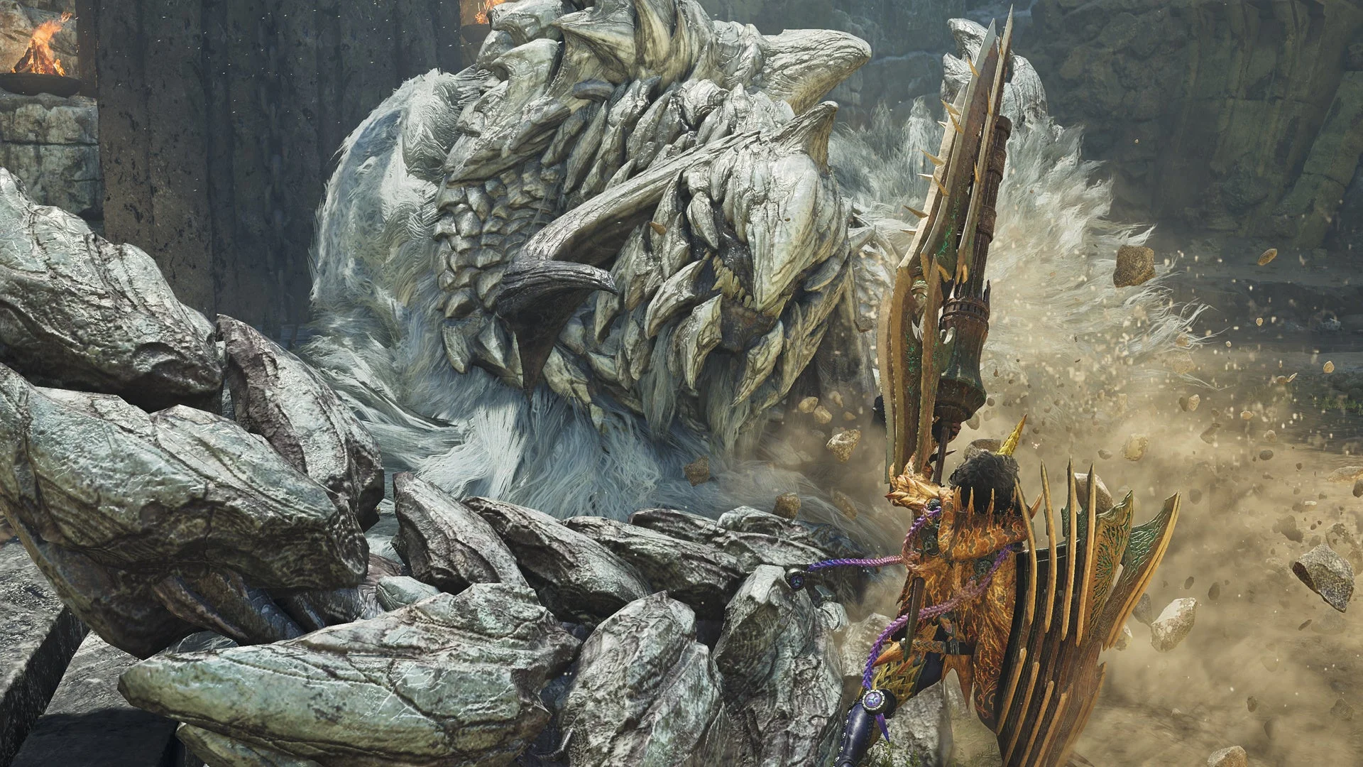 巨大な白いモンスターと、それを迎え撃つハンター