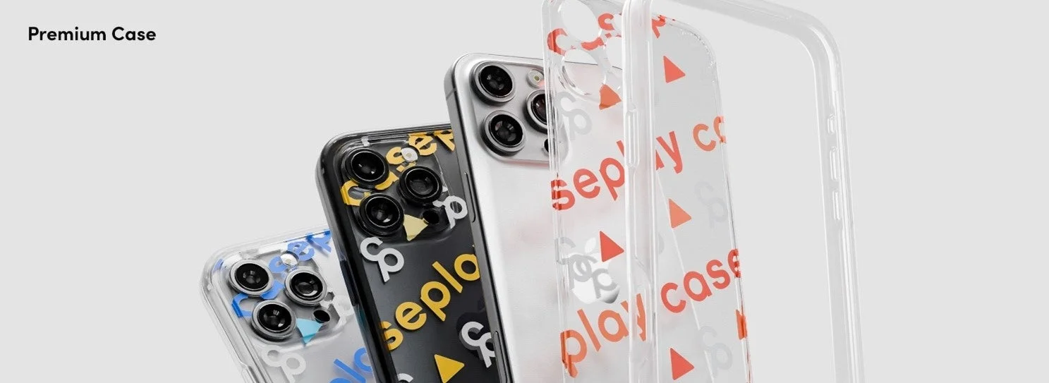 複数のiPhone用クリアケースが並べられており、それぞれに異なる色とロゴ（「seplay」「play case」など）のパターンがデザインされています。「Premium Case」の文字も見えます。スマートフォンの保護と装飾を兼ねた製品です。