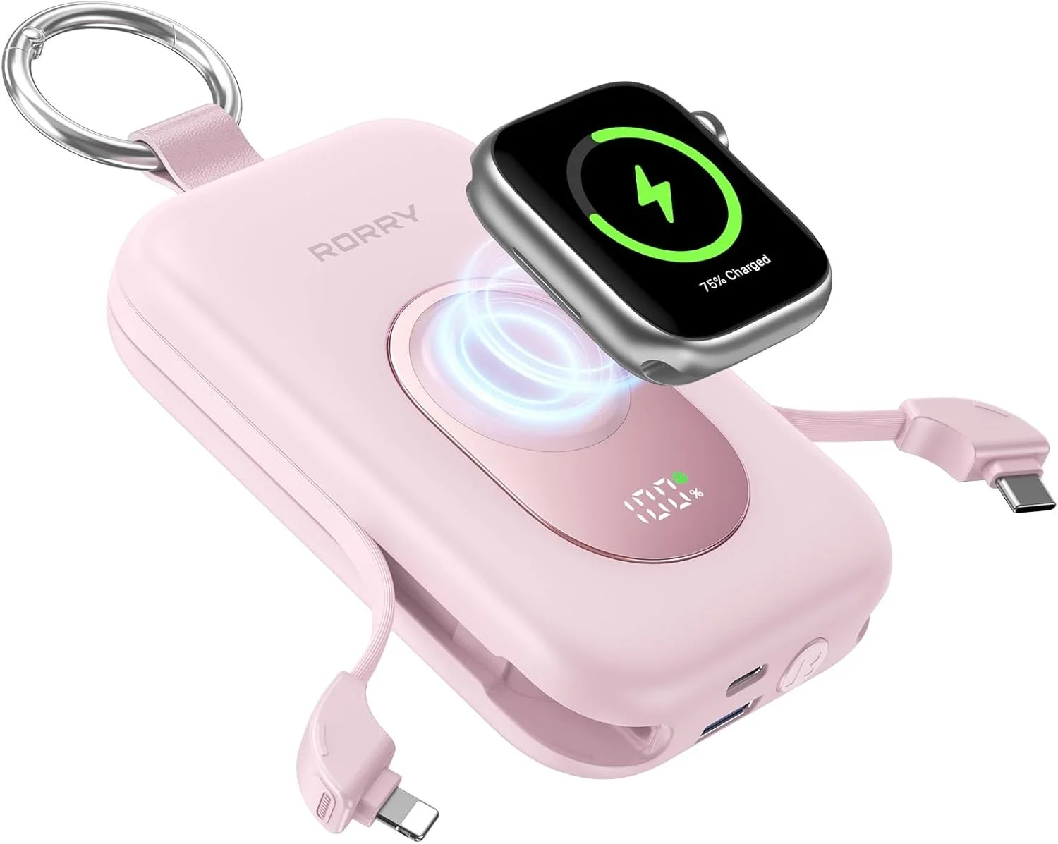 モバイルバッテリー、ワイヤレス充電、Apple Watch充電器、ポータブル充電器、ピンク、多機能、キーホルダー、ガジェット、充電ケーブル内蔵