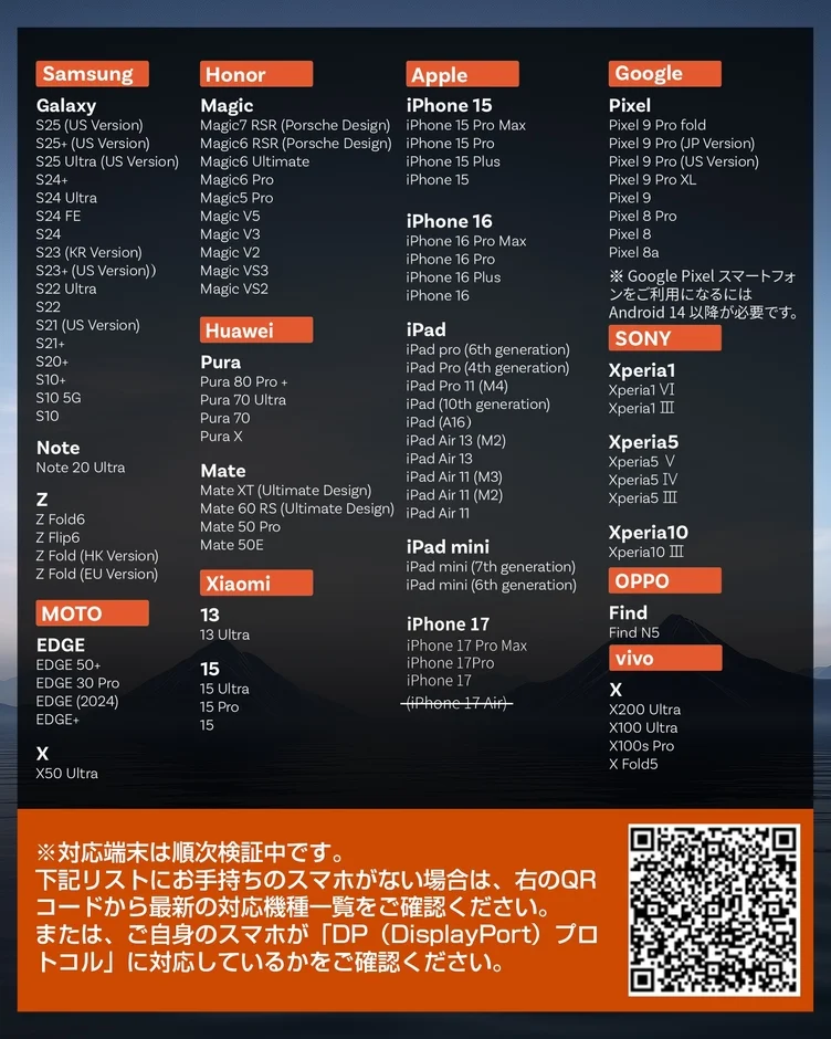 主要ブランドのスマートフォン対応機種リスト。iPhone, Galaxy, Pixelなど各メーカーのモデルが記載されており、最新情報はQRコードで確認できる。DisplayPort対応も推奨。