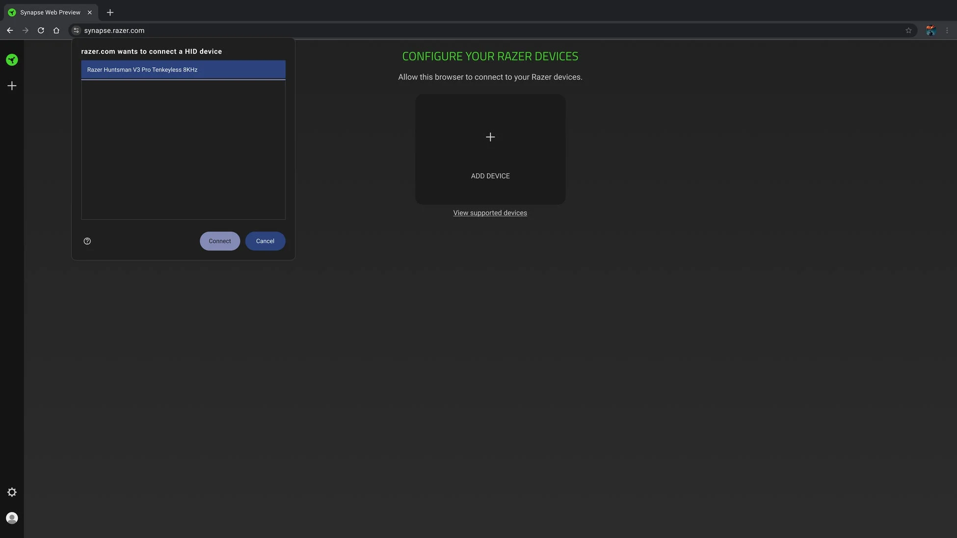 Razer Synapse Webのデバイス接続許可画面