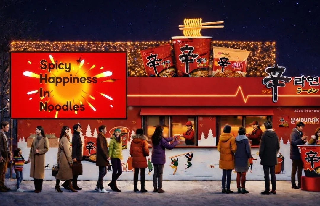 夜の屋外に設置された赤いラーメン屋台で、多くの人々が寒空の下、温かいラーメンを求めて行列を作っています。