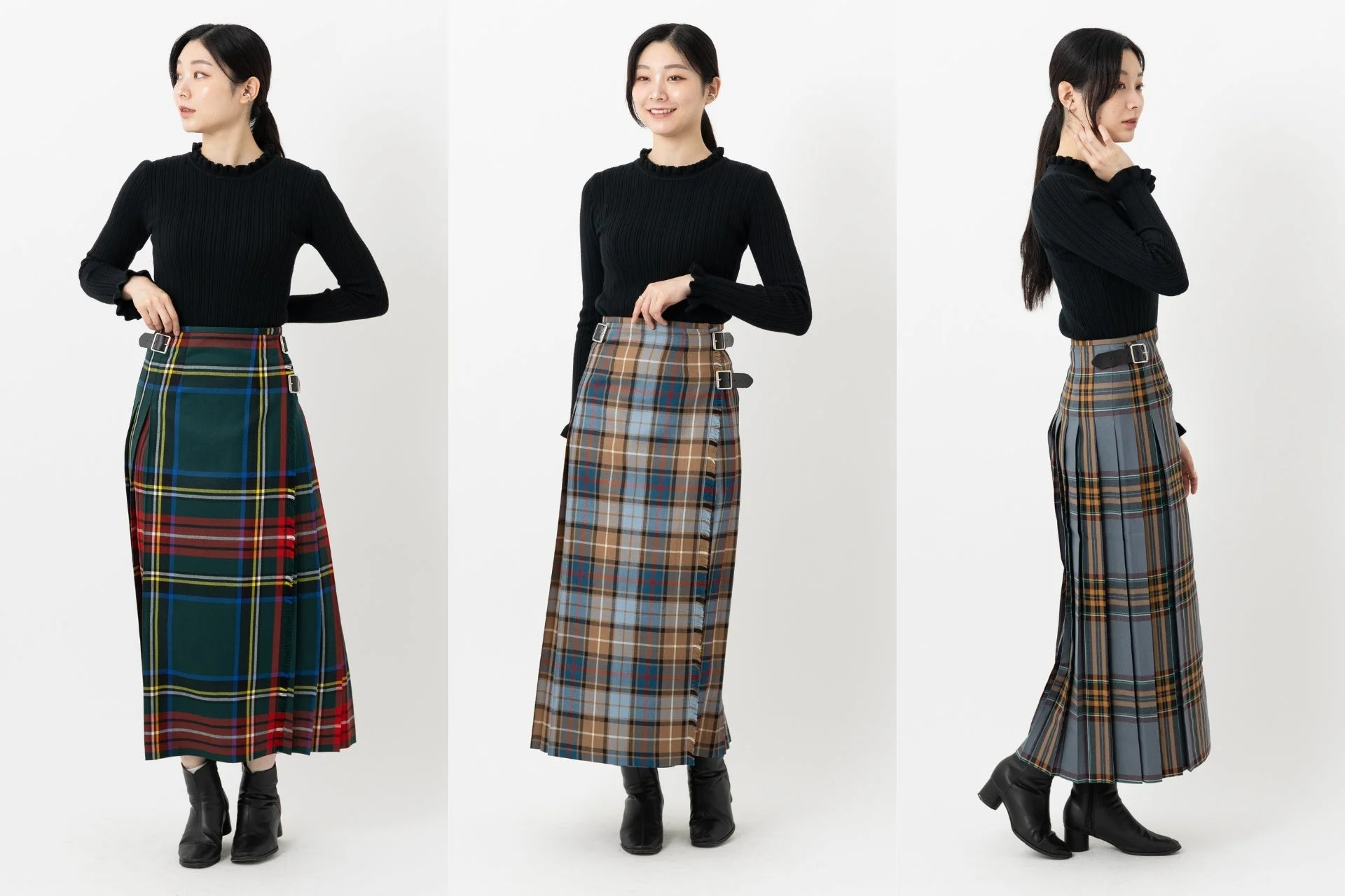 3種類の異なるタータンチェック柄のロングスカート