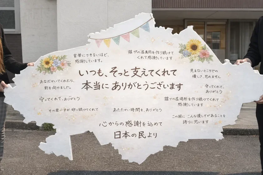 日本の形をした感謝状を2人が持っている