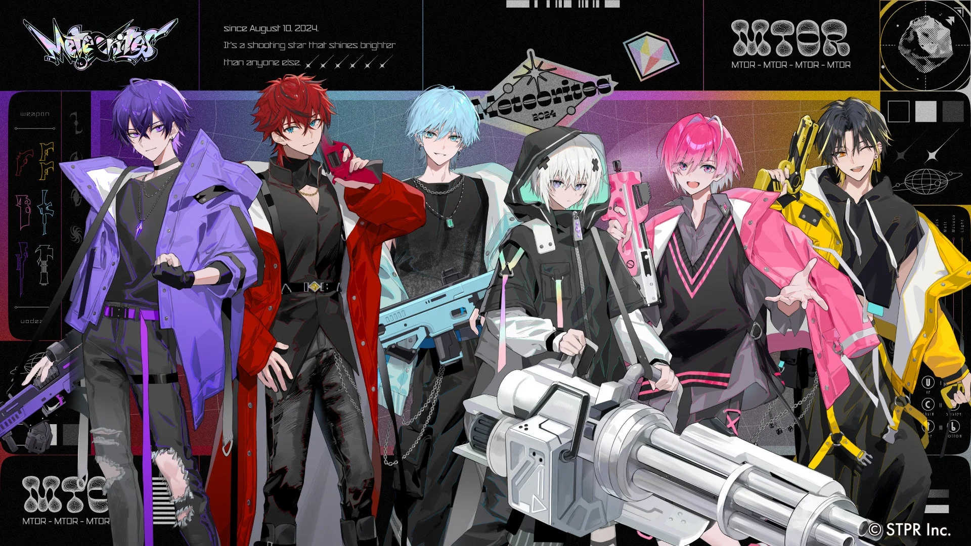 未来的な武器を持つ6人のアニメ風男性キャラクターが、カラフルな衣装でポーズを取るイラスト。「Meteorites」というグループ名と「since August 10, 2024」の文字が見られ、スタイリッシュなデザインが特徴です。