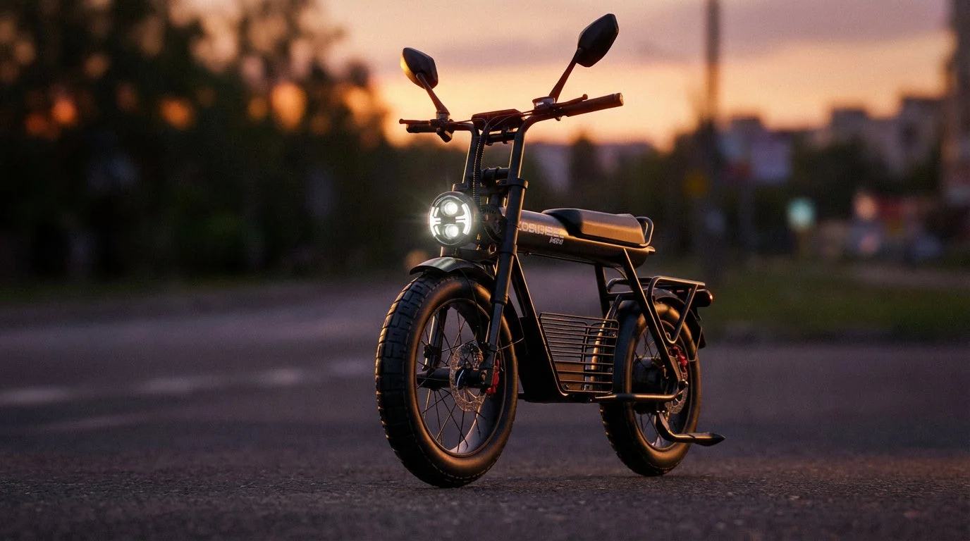 電動自転車,電動バイク,自転車,バイク,夕暮れ,夕焼け,都会,街,交通,乗り物,黒,レトロ,モダン,ヘッドライト