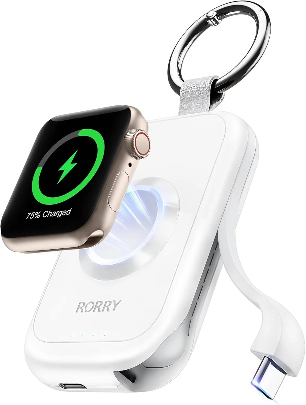 ポータブル充電器、Apple Watch充電器、ワイヤレス充電、モバイルバッテリー、USB-C、カラビナ付き、スマートウォッチ、RORRY