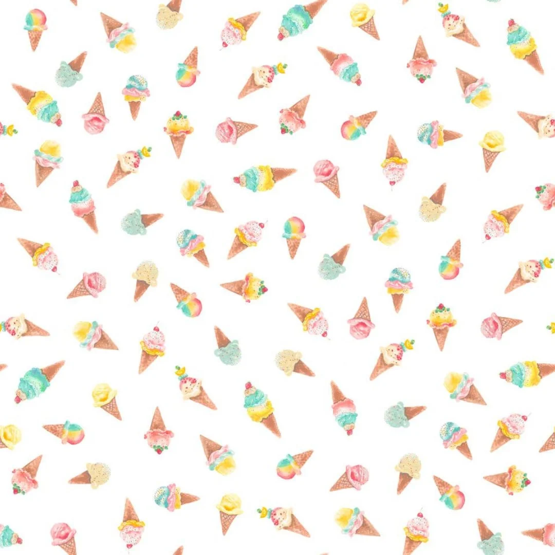 様々な色とフレーバーのアイスクリームコーンが散りばめられたパターン