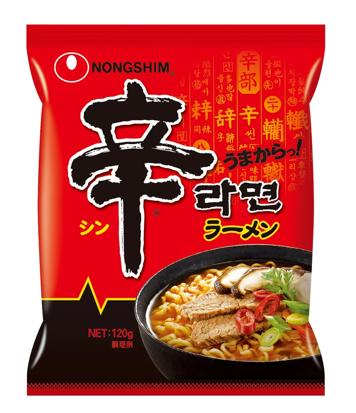 NONGSHIMの辛ラーメンのパッケージ画像です。赤を基調としたデザインで、「辛」の文字が大きく表示されています。