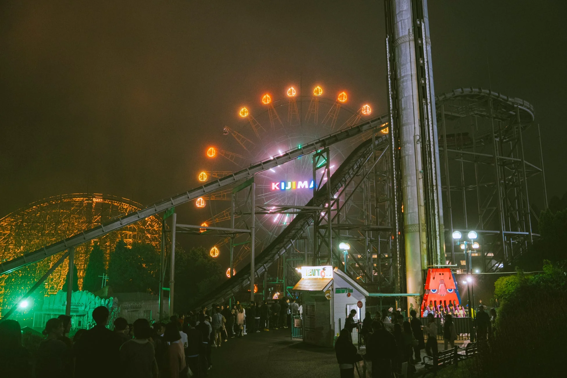 夜の遊園地で輝く観覧車とジェットコースター