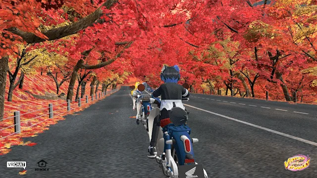 VRChatで紅葉の中をバイクでツーリングするアバターたち