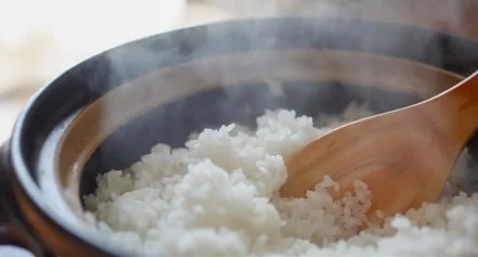 湯気が立ち上る土鍋で炊きたてのご飯