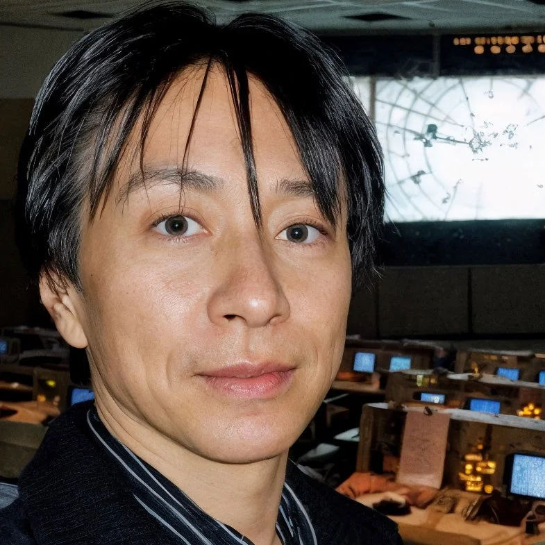 黒髪の男性がカメラを見つめており、背景にはレーダーのような表示がされた大きなスクリーンと多数のコンピューター端末が並ぶコントロールルームが写っています。技術的な作業環境を示唆しています。